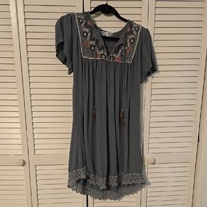 J Gee Boho Babydoll Mini Dress – Blue Gray, Size Small